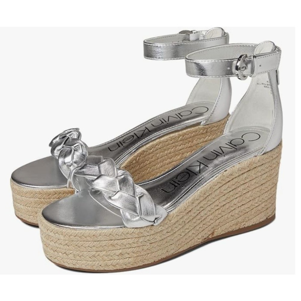 Calvin Klein Silver Metallic Leather‎ Espadrille Wedge Platform Sandals 9M NEW